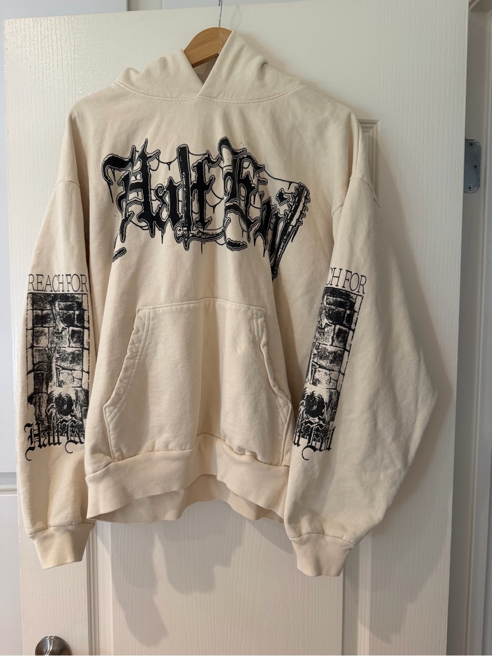 HALF-EVIL Ivory Graphic Pullover Hoodie with Black Gothic Print